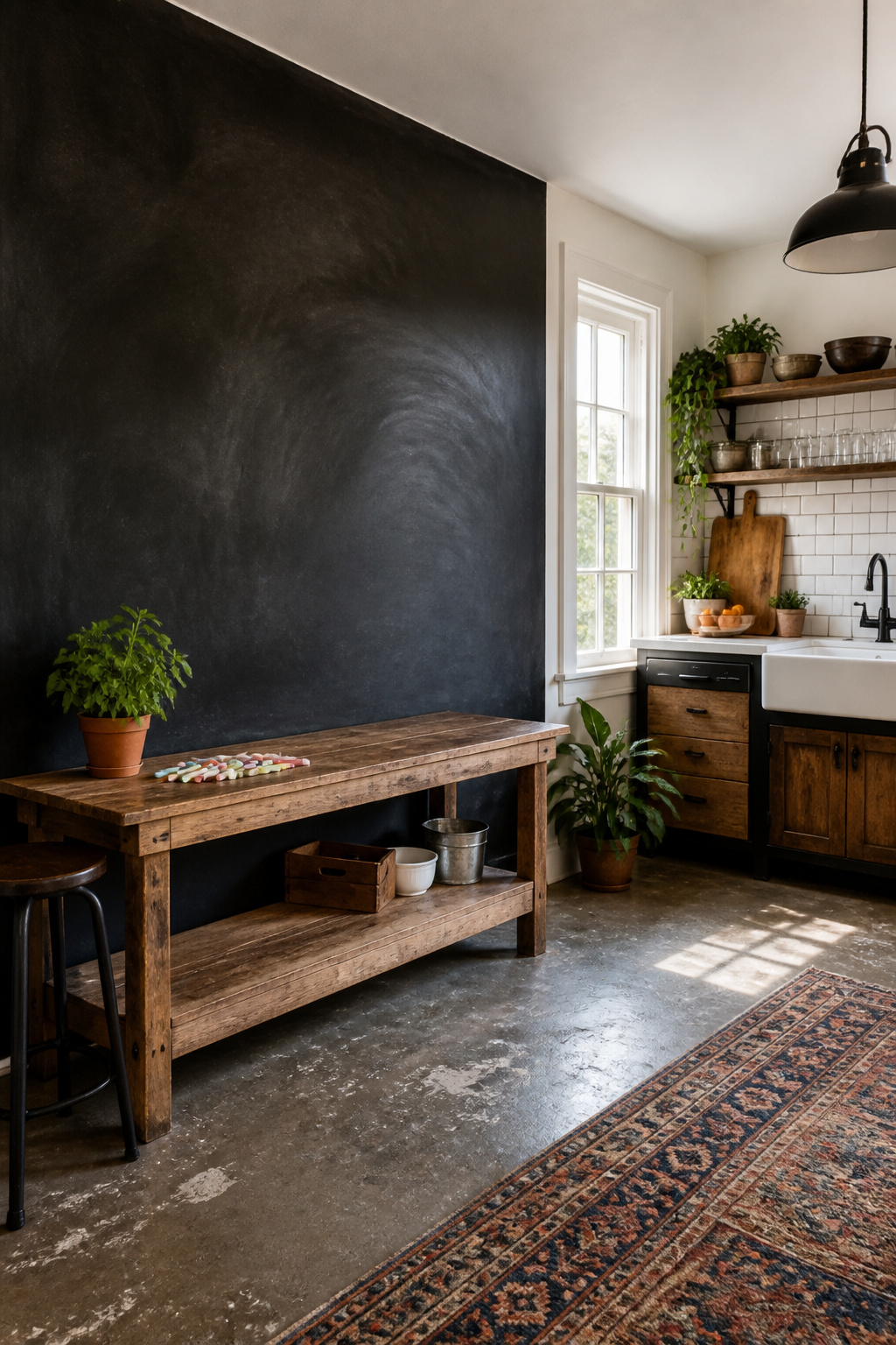 A wall painted with chalkboard paint for writing.