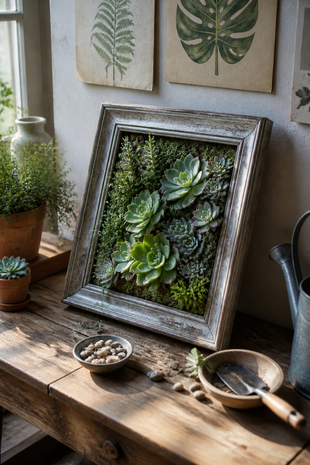 An aluminum picture frame planter filled with succulents on a wooden table.