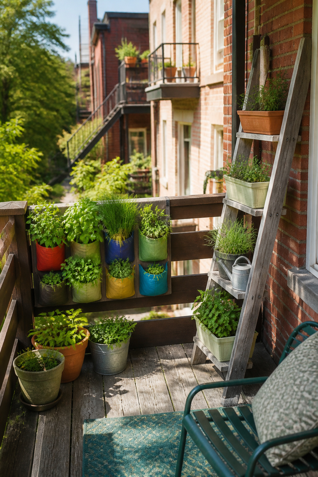 A hanging shoe organizer with herb pockets on a balcony rail.