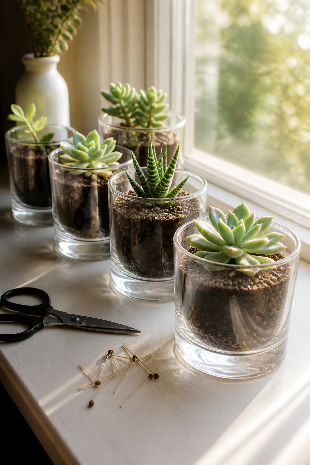 Glass candle jars prepared for planting, sitting on a table.