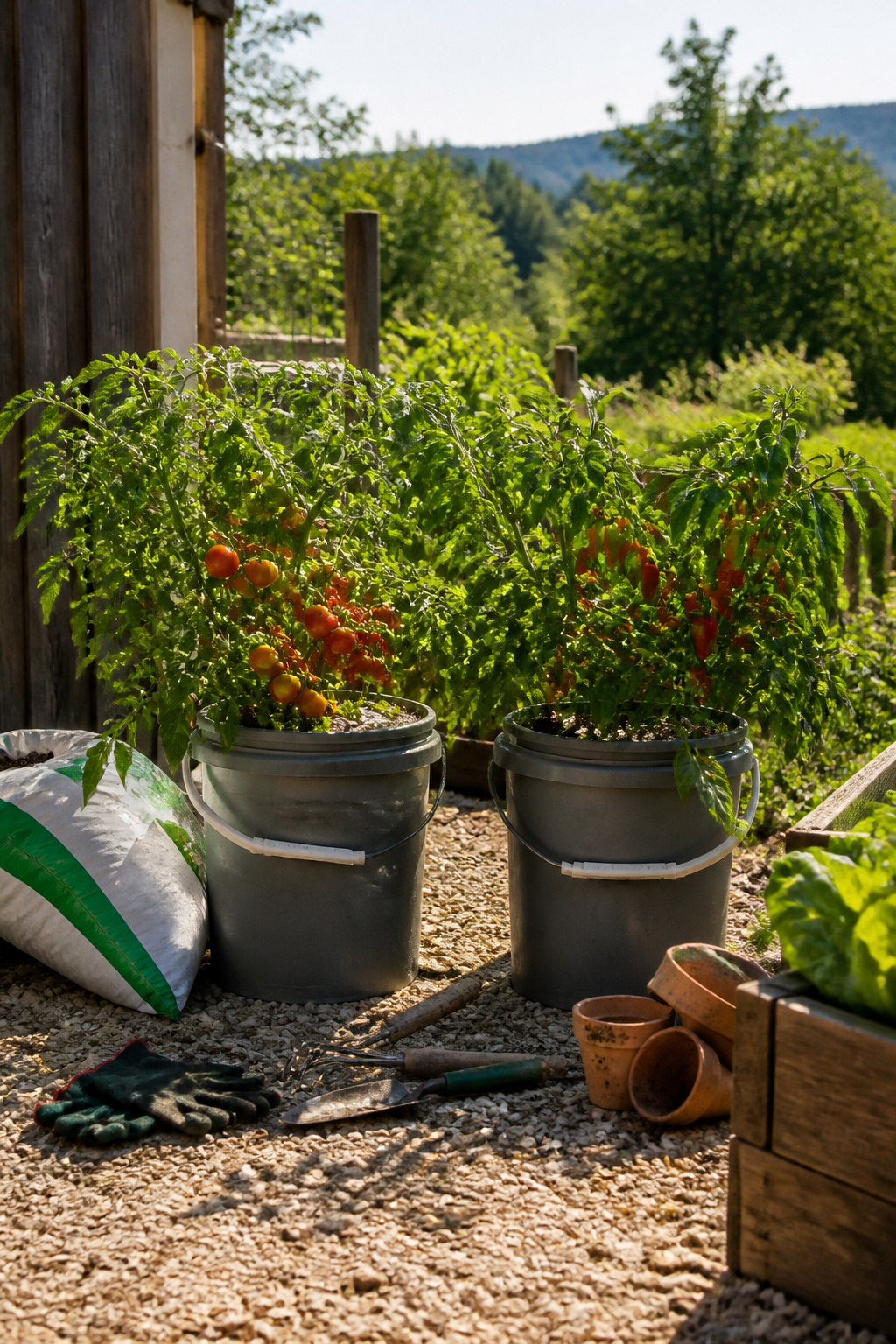 Pickle buckets filled with tomato and pepper plants in a garden.
