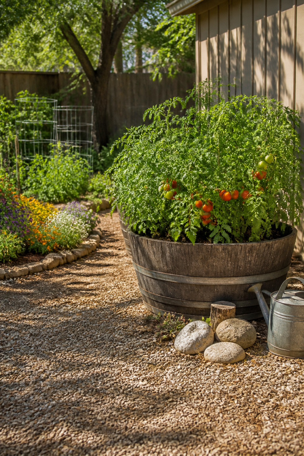 A half wine barrel planter filled with plants in a garden.