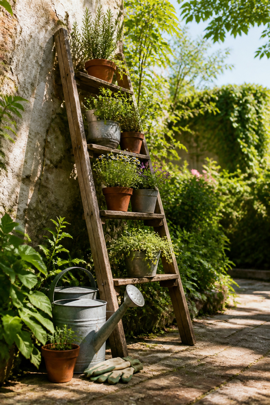 A wooden stepladder used as a plant stand against a wall.