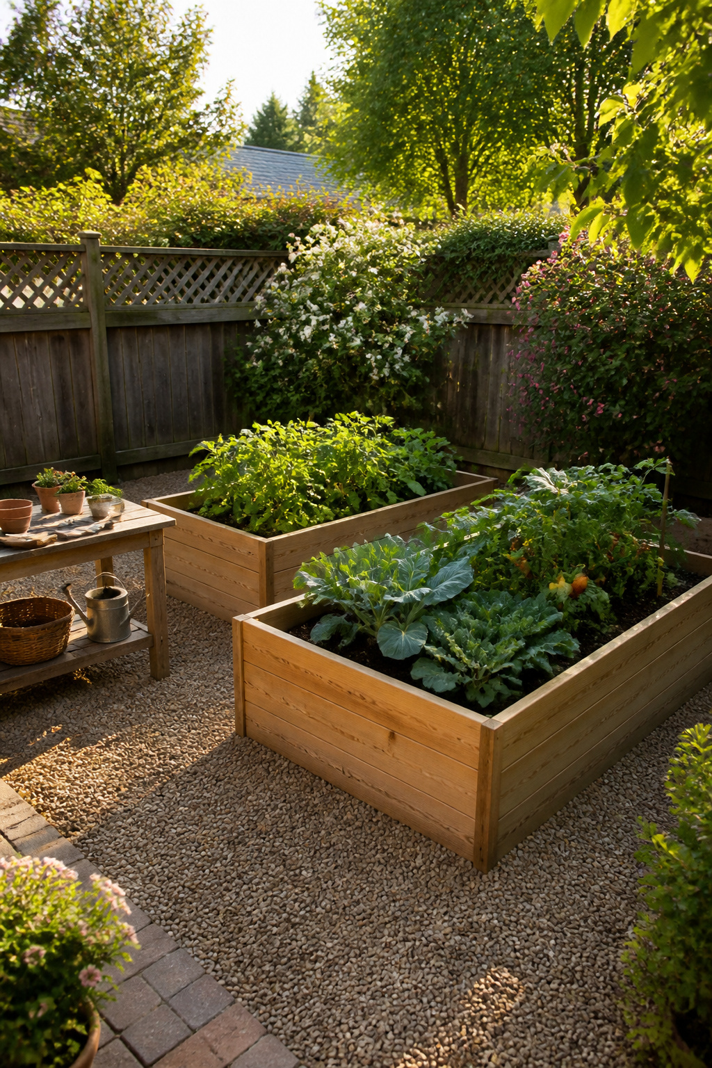 Wooden raised garden beds filled with soil and plants.