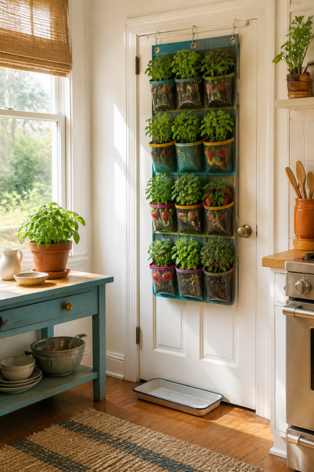 A shoe organizer with clear pockets filled with herbs hanging on a door.