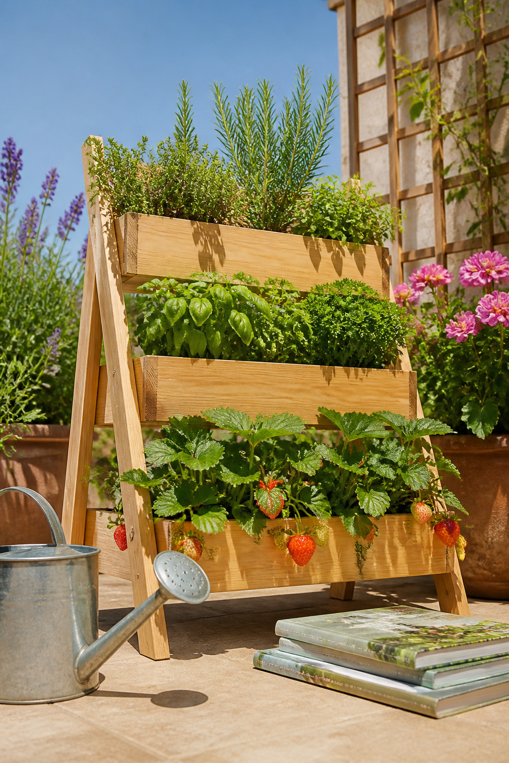 Stacked planter boxes arranged in a tiered design.