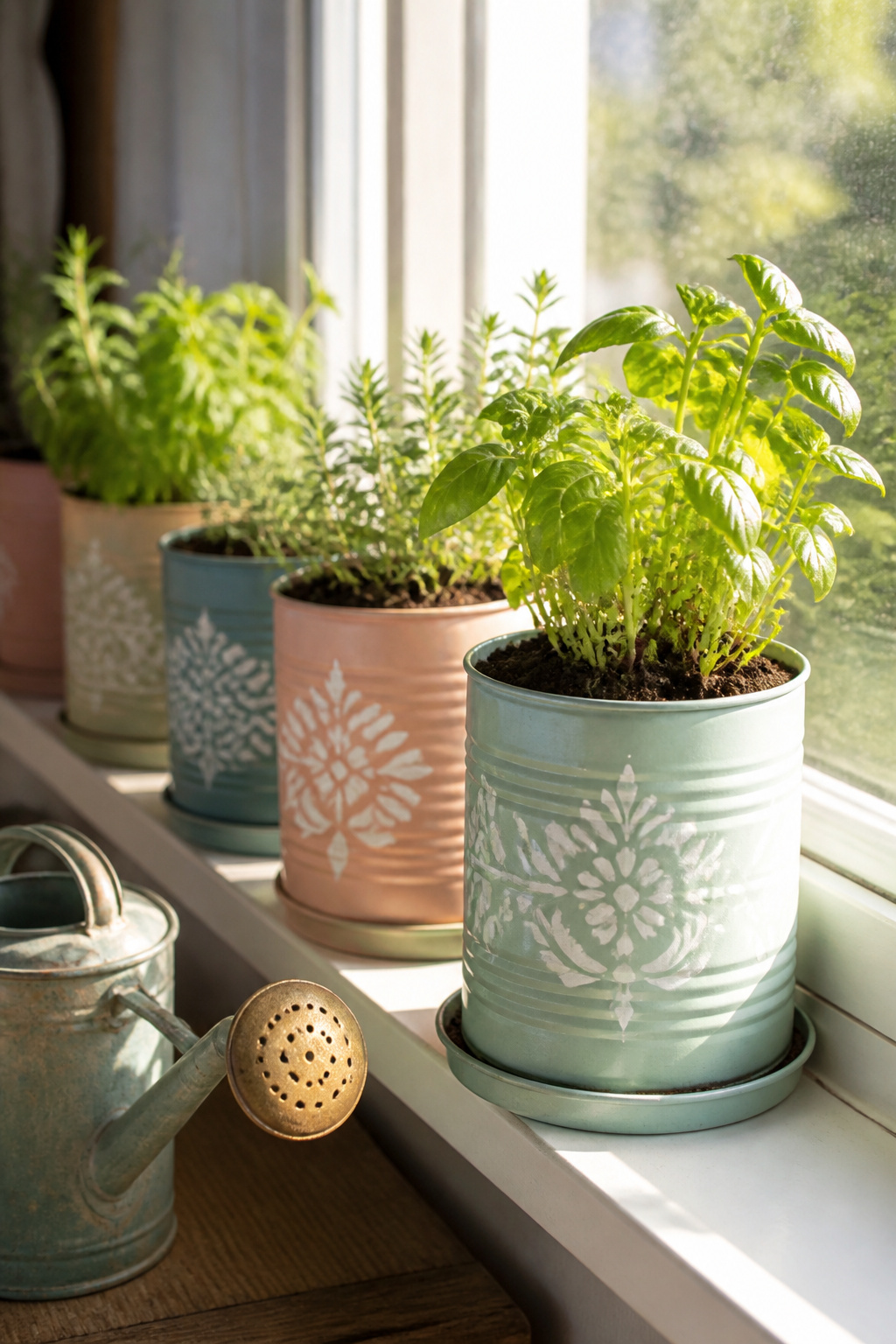 Painted coffee cans used as planters for herbs on a windowsill.