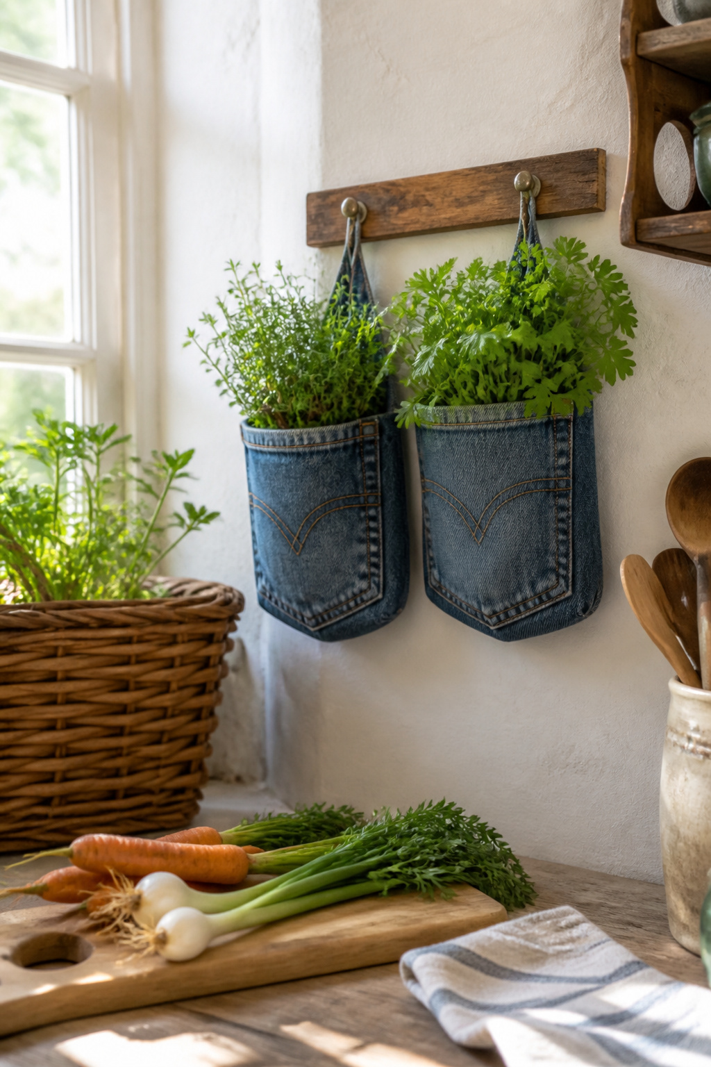 Denim pockets filled with herbs hanging on a rustic kitchen wall.