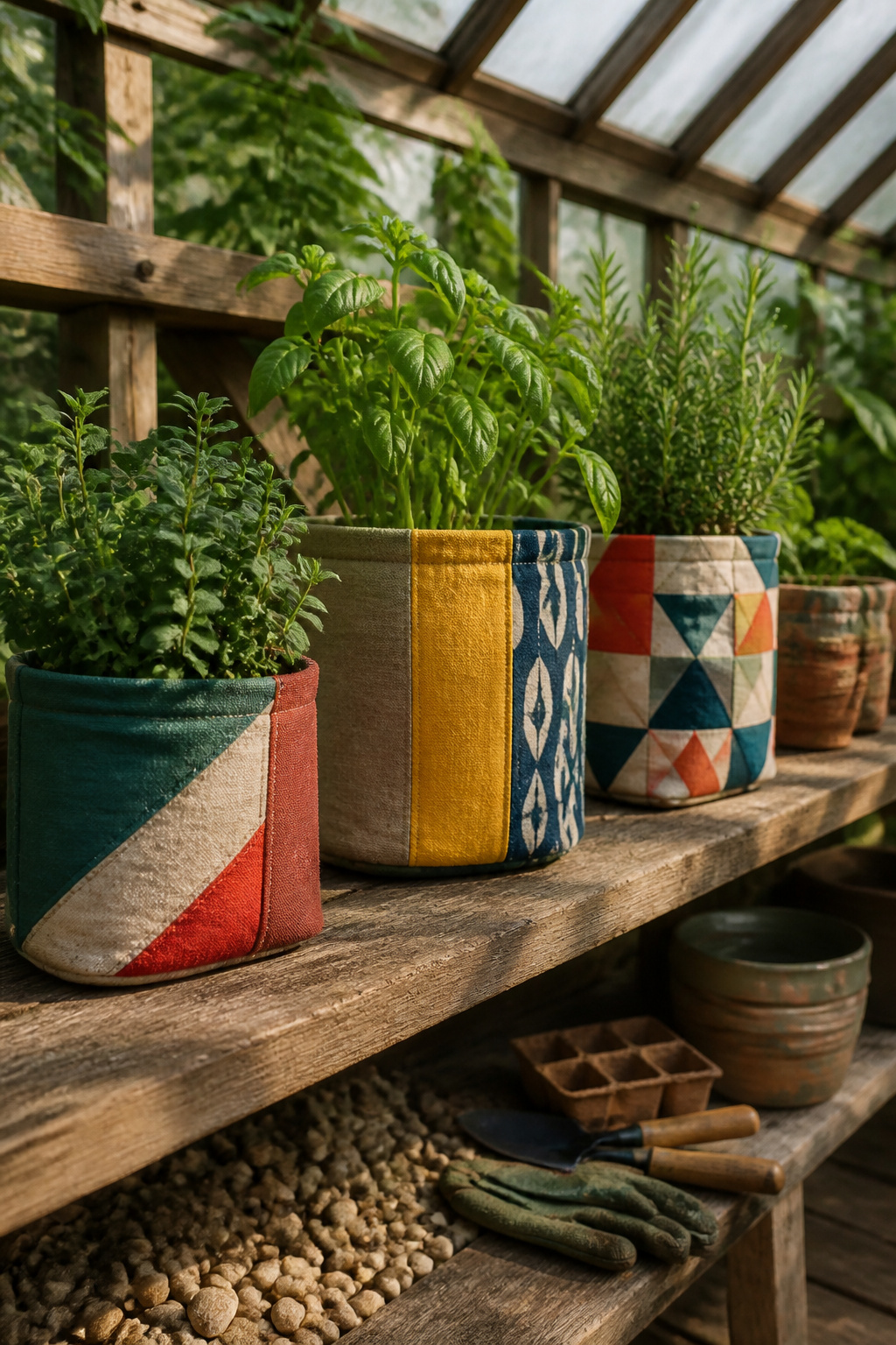 Fabric planters filled with plants on a wooden shelf in a greenhouse.