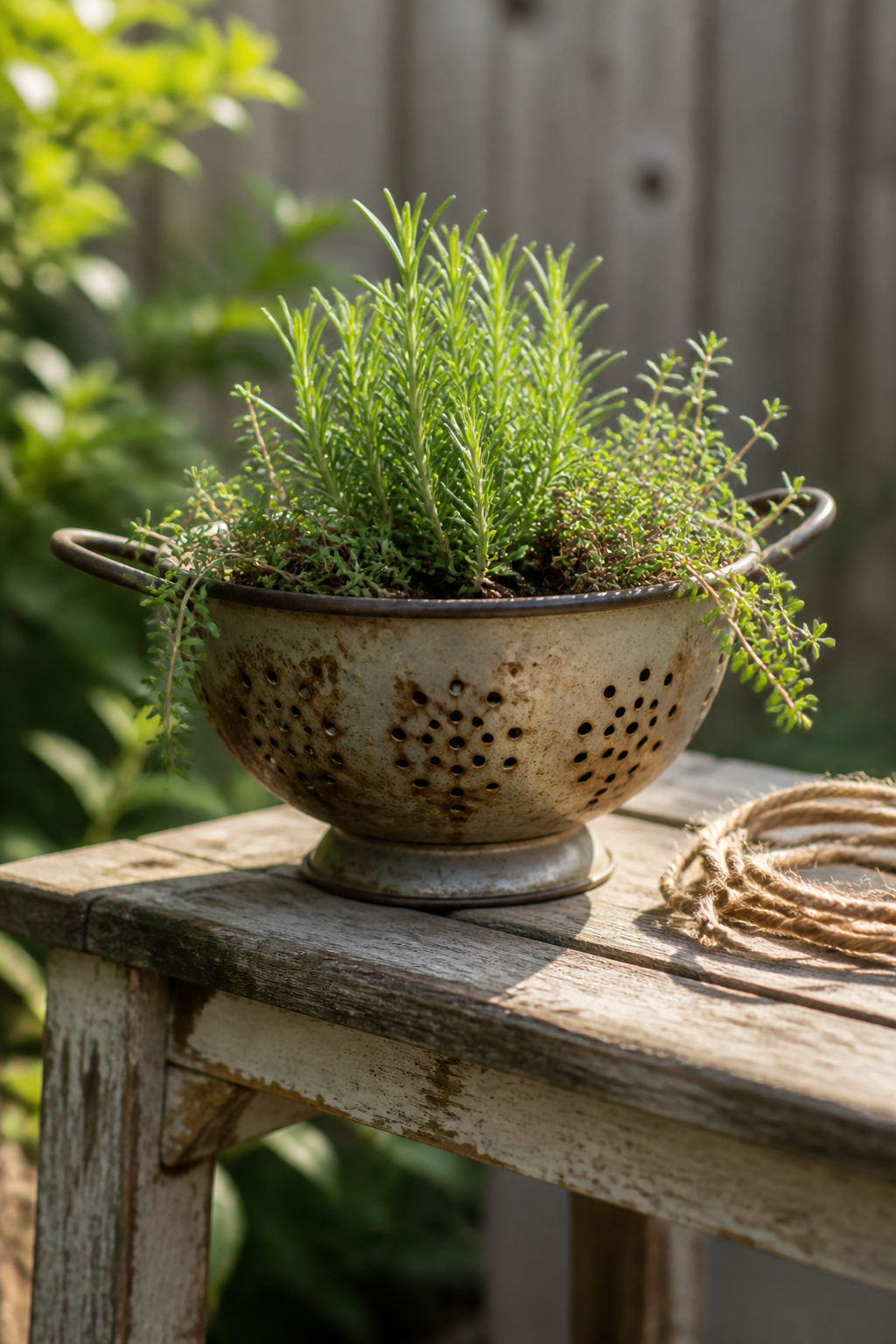 A colander filled with soil and herbs, sitting on a table.