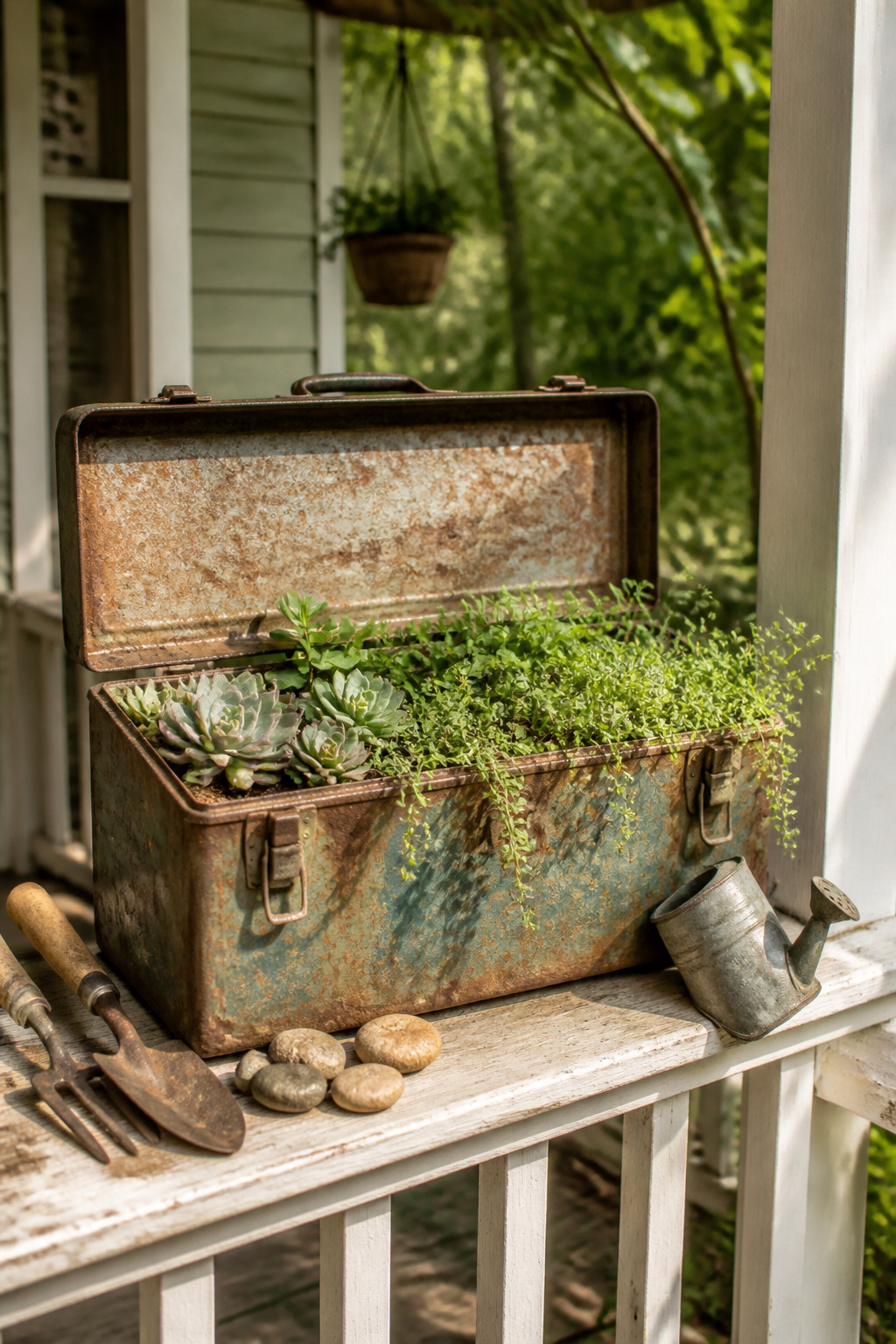A rusty toolbox filled with plants sitting on a porch railing.