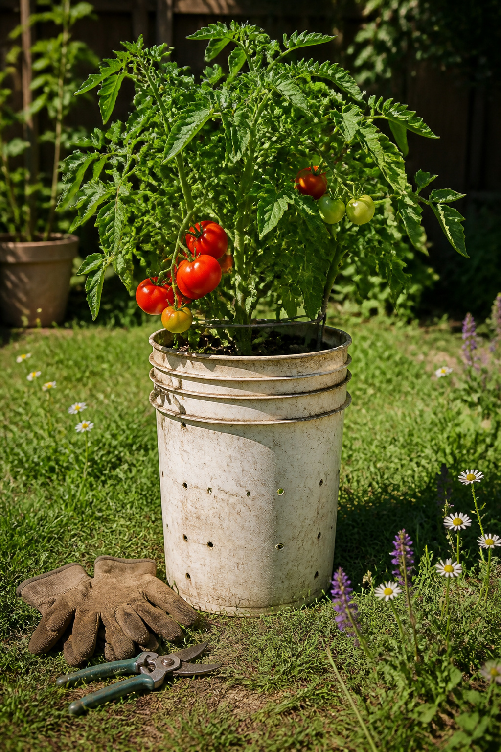 A five-gallon bucket with a tomato plant growing in it.