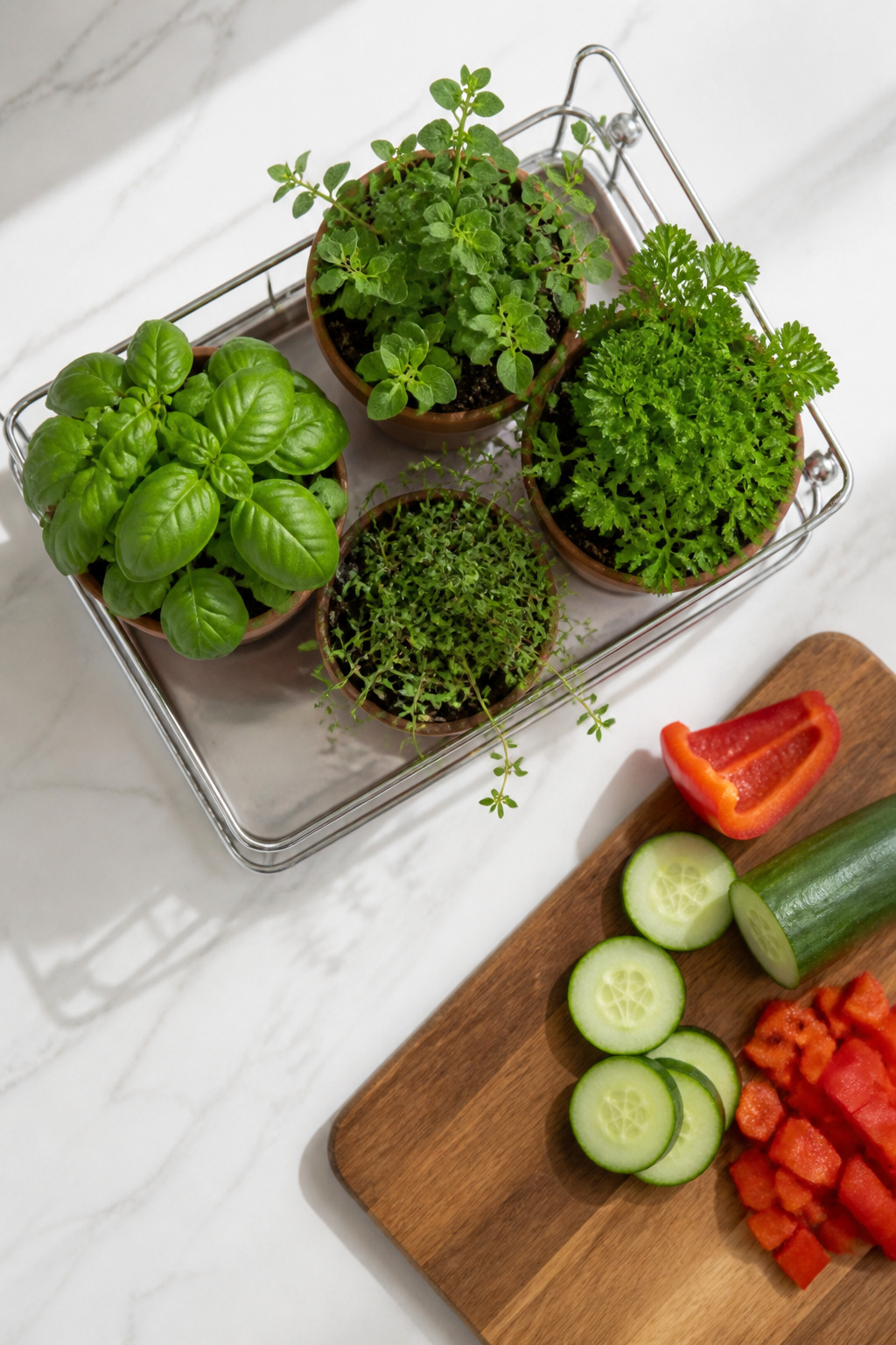 A kitchen sink caddy with terra cotta pots for herbs on a windowsill.