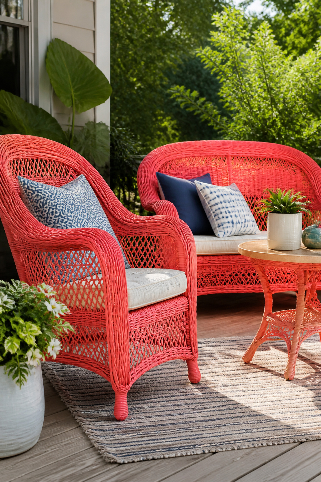 Wicker furniture painted coral with accent pillows.