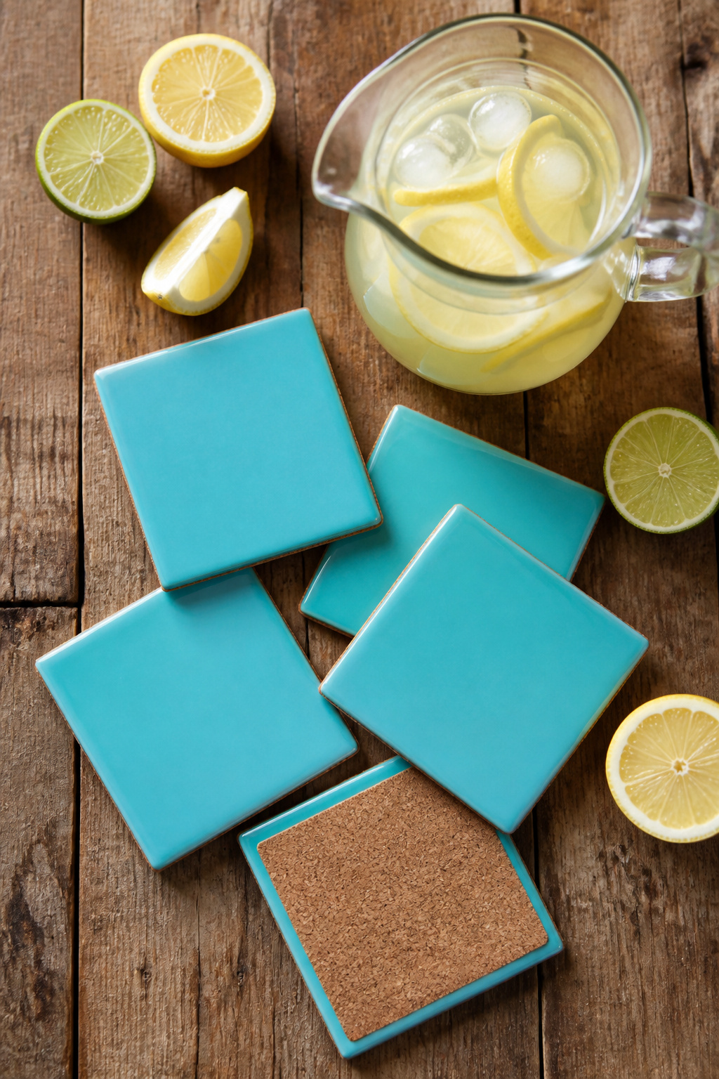 Tile coasters painted in bright colors.