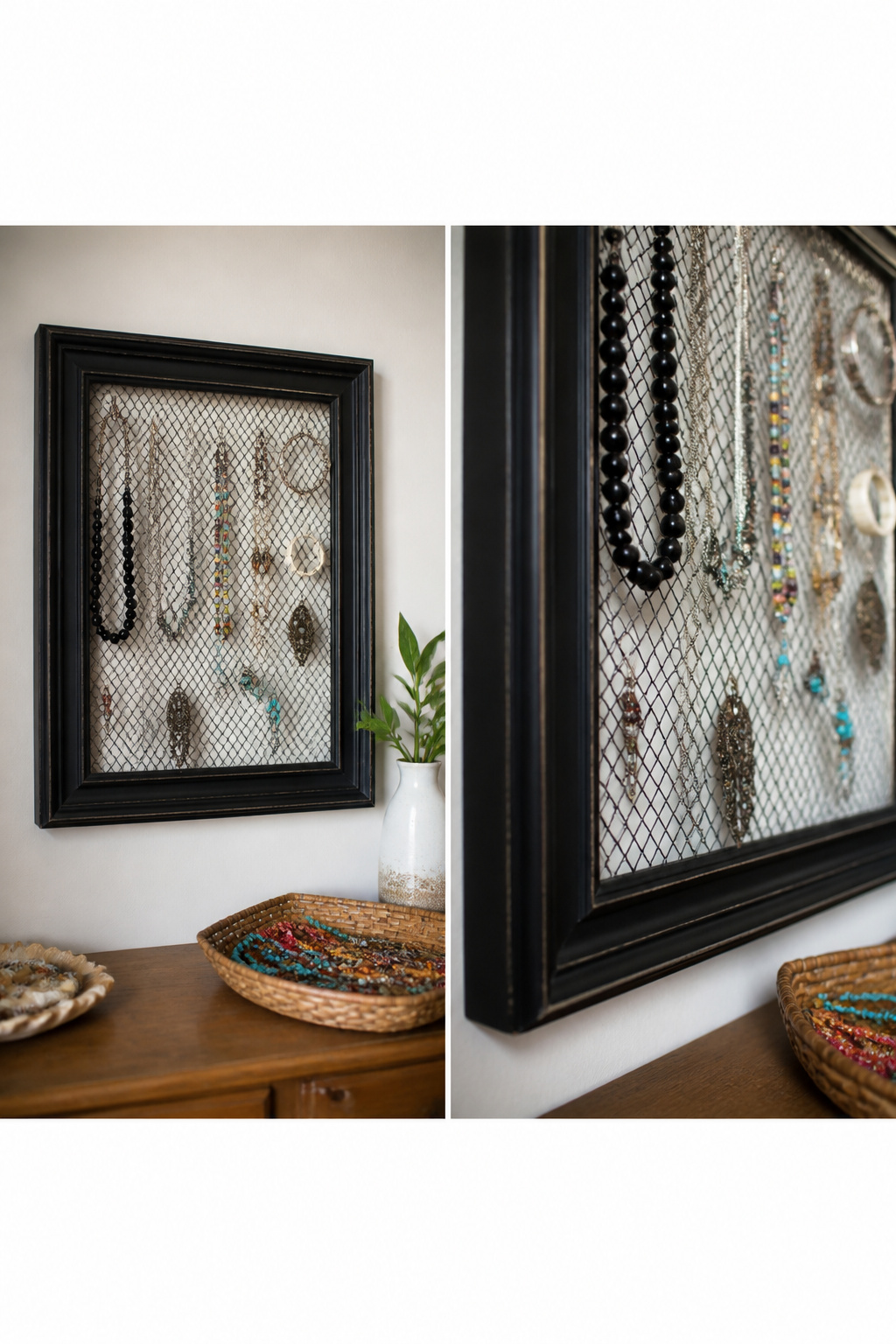 Thrifted picture frame turned into a jewelry organizer.