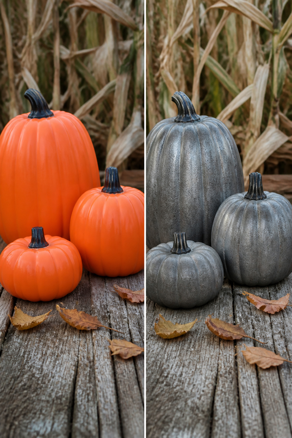 Plastic pumpkins with a metallic finish.