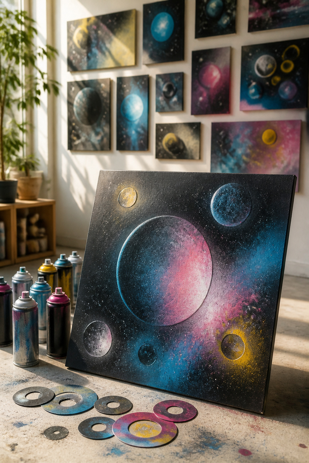Colorful spray paint planets on poster board.