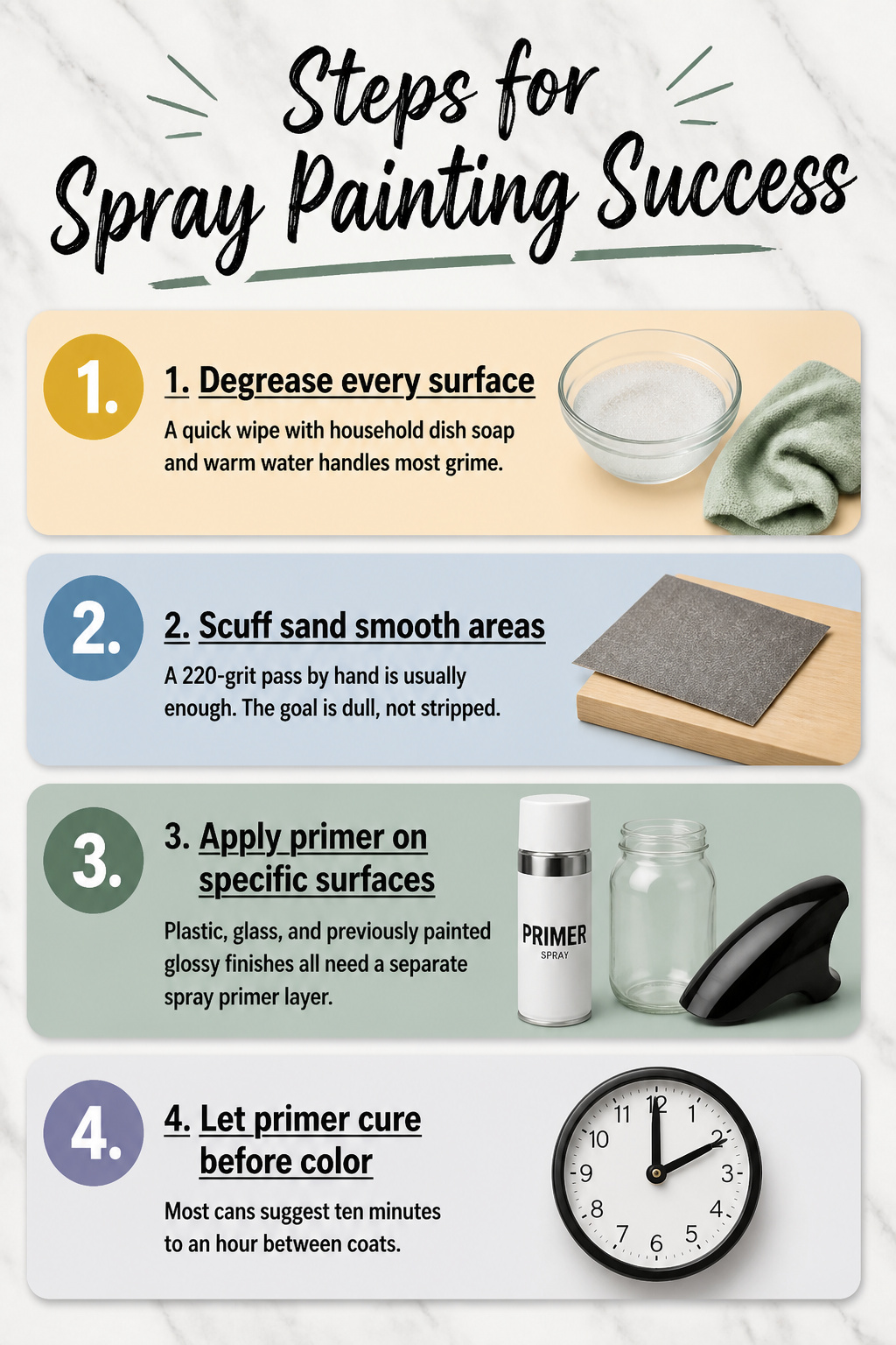 Illustrated steps for preparing surfaces before spray painting.
