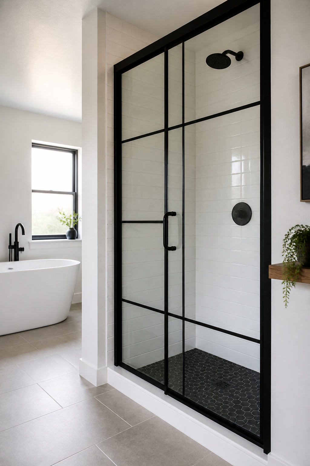 Black shower door frame contrasting with white tiles.