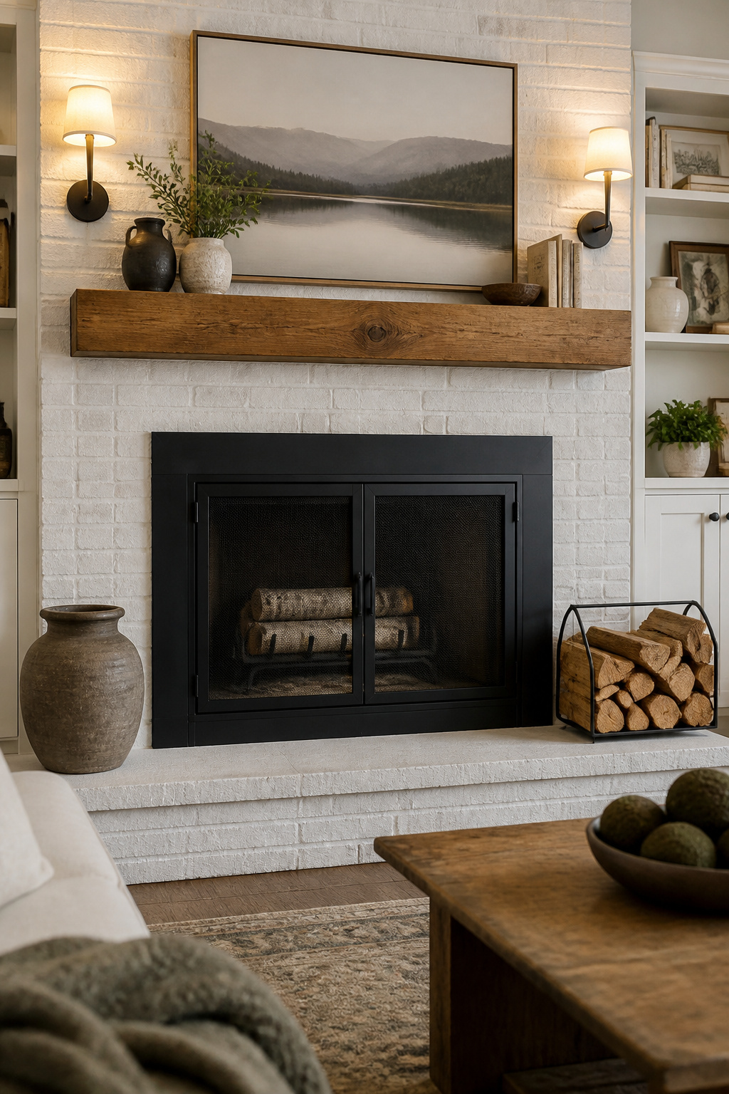 Black fireplace doors with a shiny finish in front of white brick.