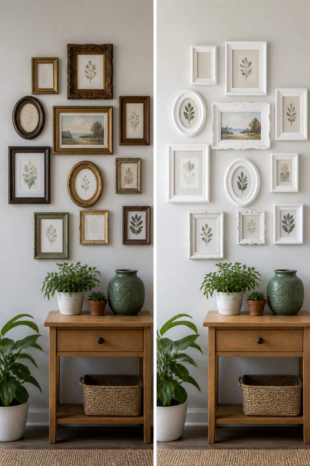 Various picture frames painted in uniform colors.