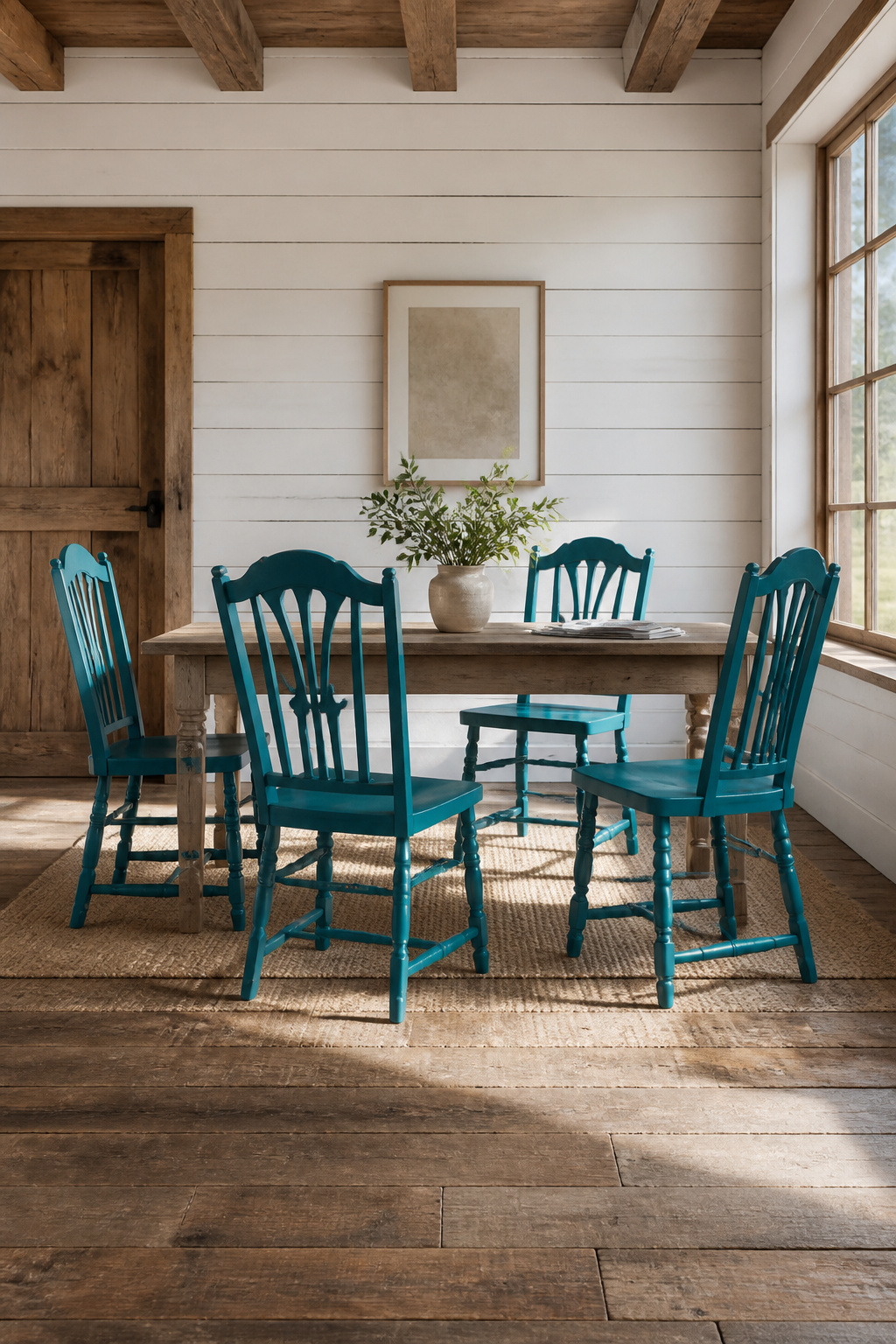 Spray-painted wooden chairs in a vibrant color.