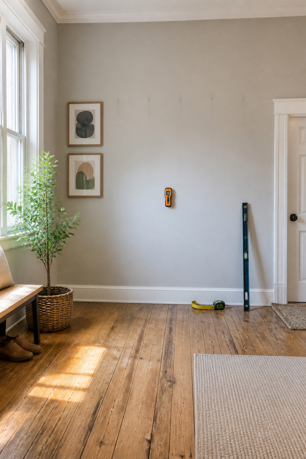 A stud finder and pencil on a wall, ready for marking.