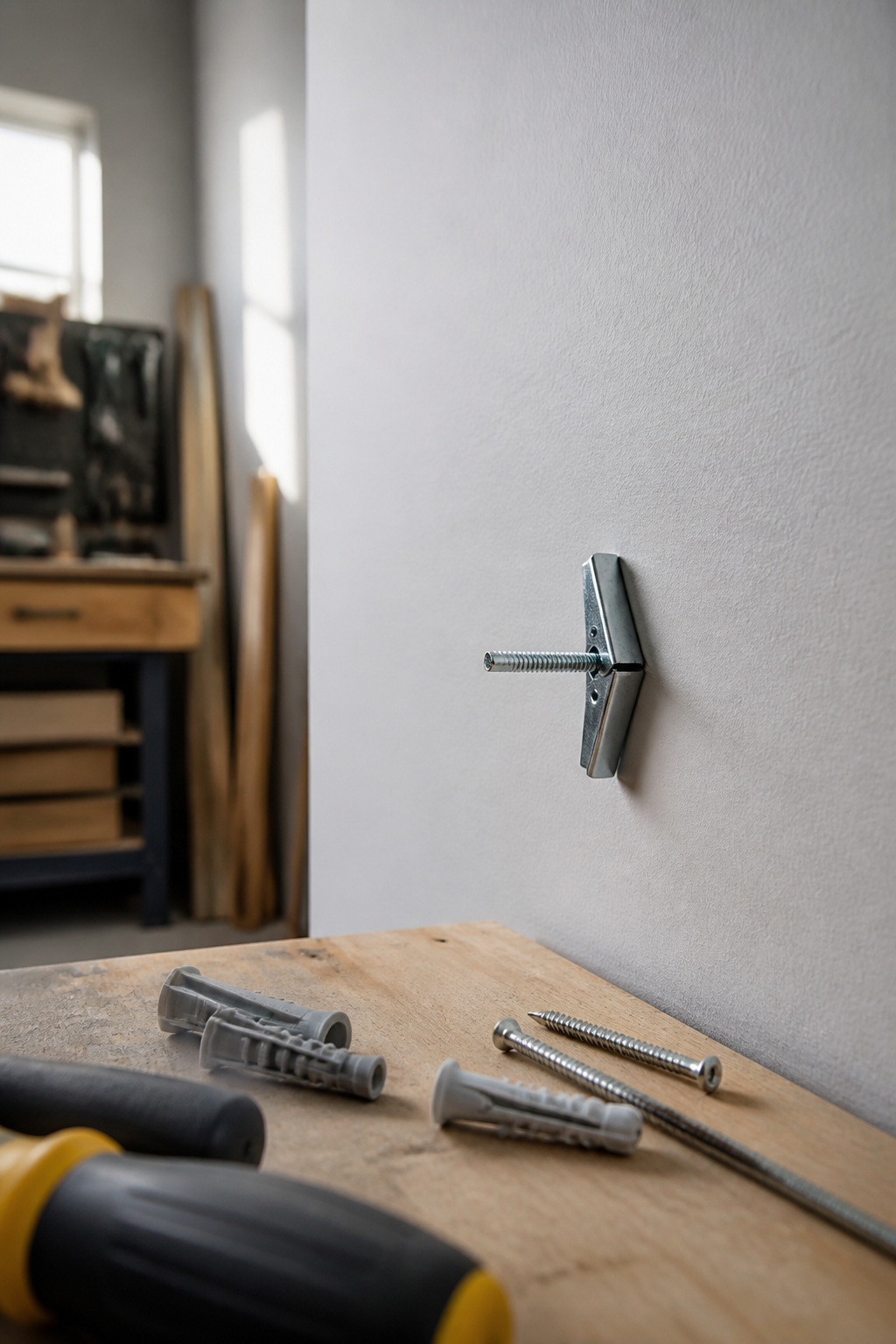 A toggle bolt being inserted into drywall for mounting.