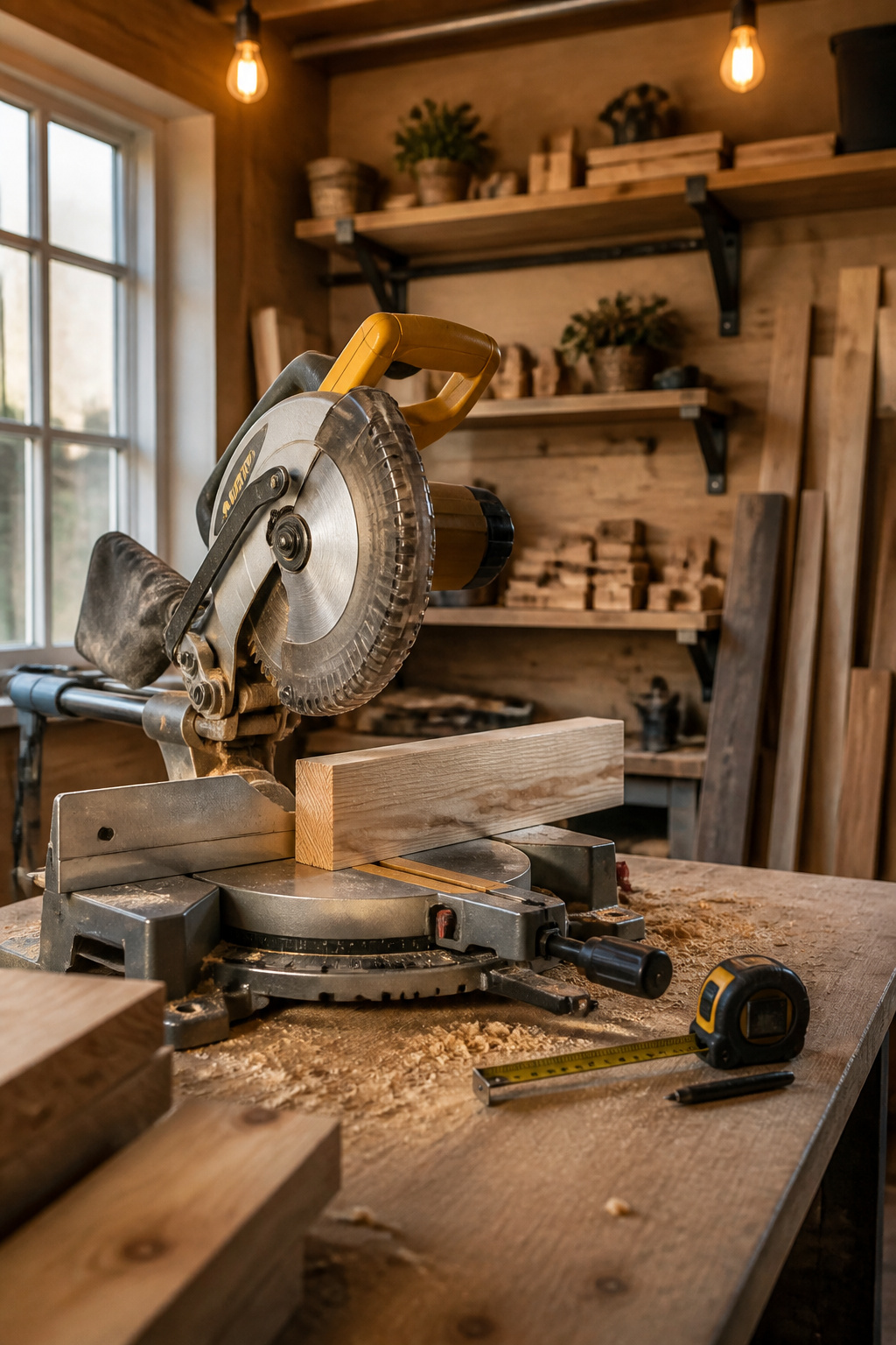 A miter saw cutting a 1x6 board on a workbench.