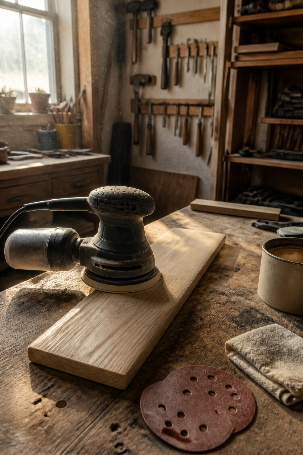 A random-orbit sander in use on a piece of wood.