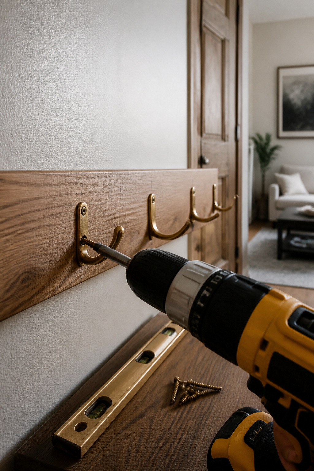 Brass hooks being installed on a coat rack with a power drill.