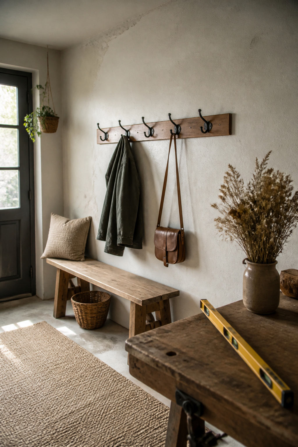 A coat rack held level against a wall, ready for mounting.