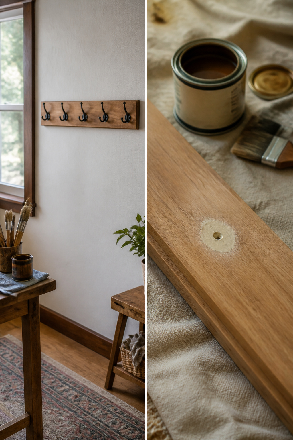 Visible screws being filled and sanded on a coat rack.