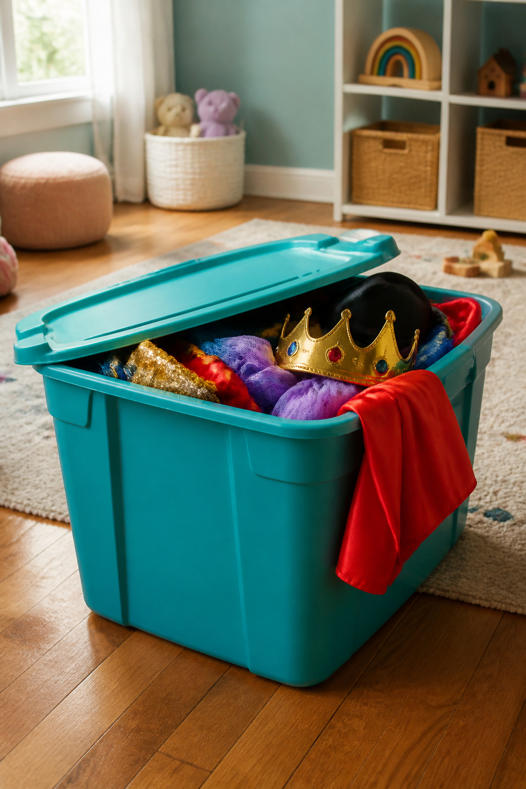 Dress Up Storage Ideas for an Organized Play Space 1 A 30-gallon bin filled with various dress-up costumes.