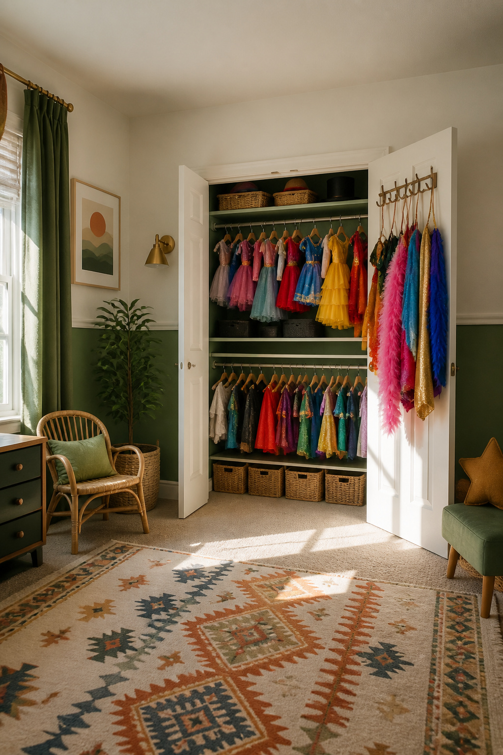 Dress Up Storage Ideas for an Organized Play Space 11 Closet with two hanging rods and storage below for costumes.