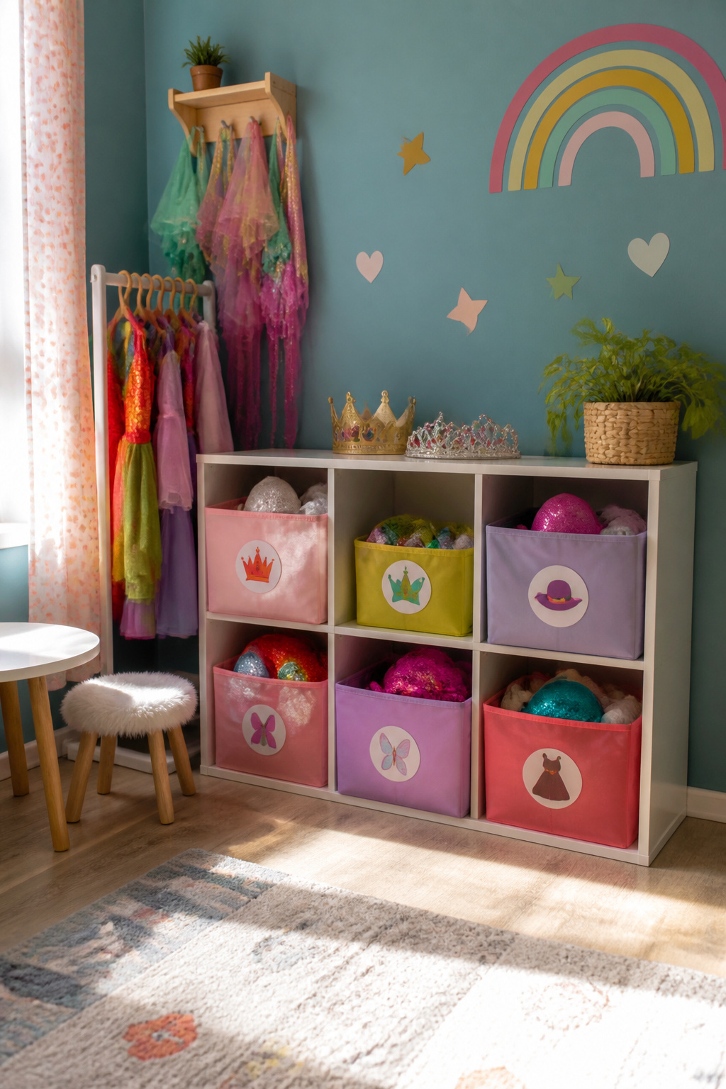 Dress Up Storage Ideas for an Organized Play Space 12 Vibrant bins with picture labels create an inviting dress-up area.