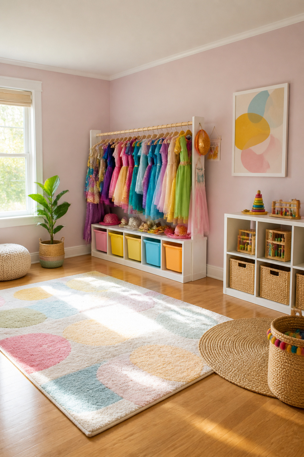 Dress Up Storage Ideas for an Organized Play Space 7 A dress-up station with a hanging rod and storage bins underneath.
