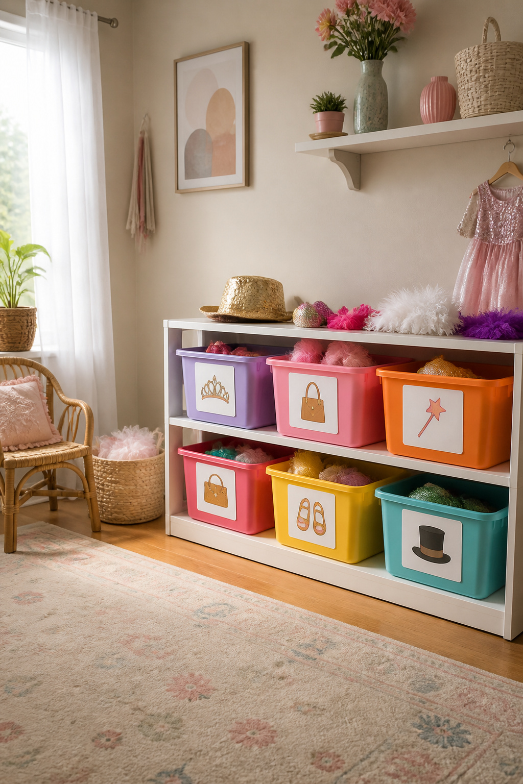 Dress Up Storage Ideas for an Organized Play Space 8 Colorful storage bins with engaging picture labels for dress-up items.