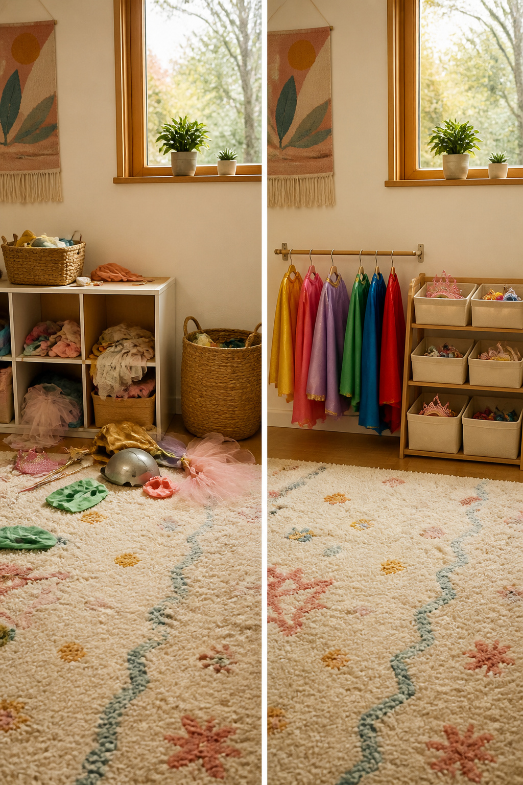 Dress Up Storage Ideas for an Organized Play Space 9 Costumes are stored on low rods and in open bins for easy access.