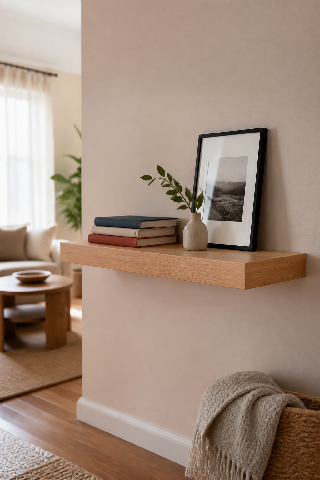A floating shelf made of plywood displaying books and a photo.