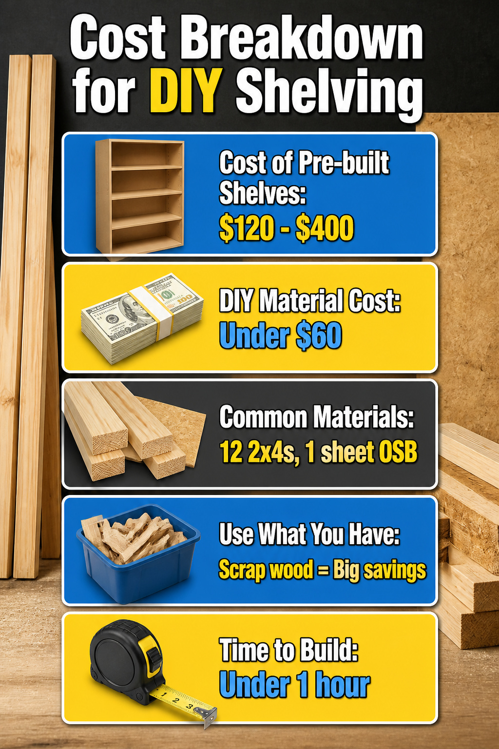 A cost breakdown showing savings from DIY shelving projects.