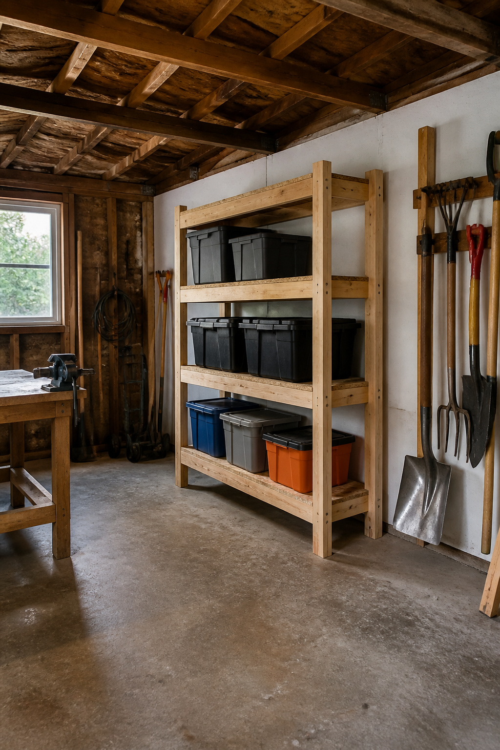 A sturdy garage shelving unit made from 2x4s and OSB.