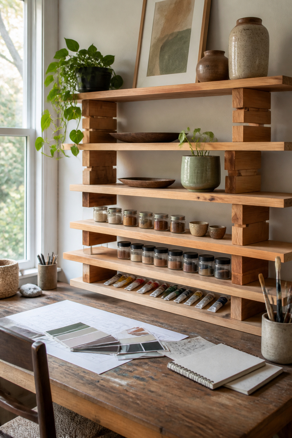 Cedar boards on blocks form an adjustable shelf system.