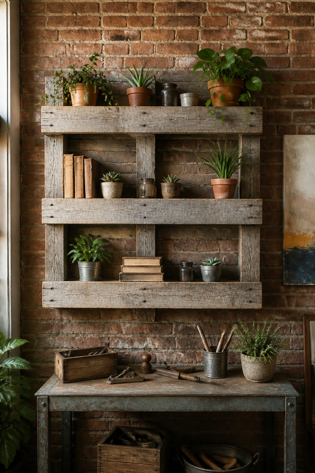A shelf made from reclaimed pallet wood showing its rustic texture.