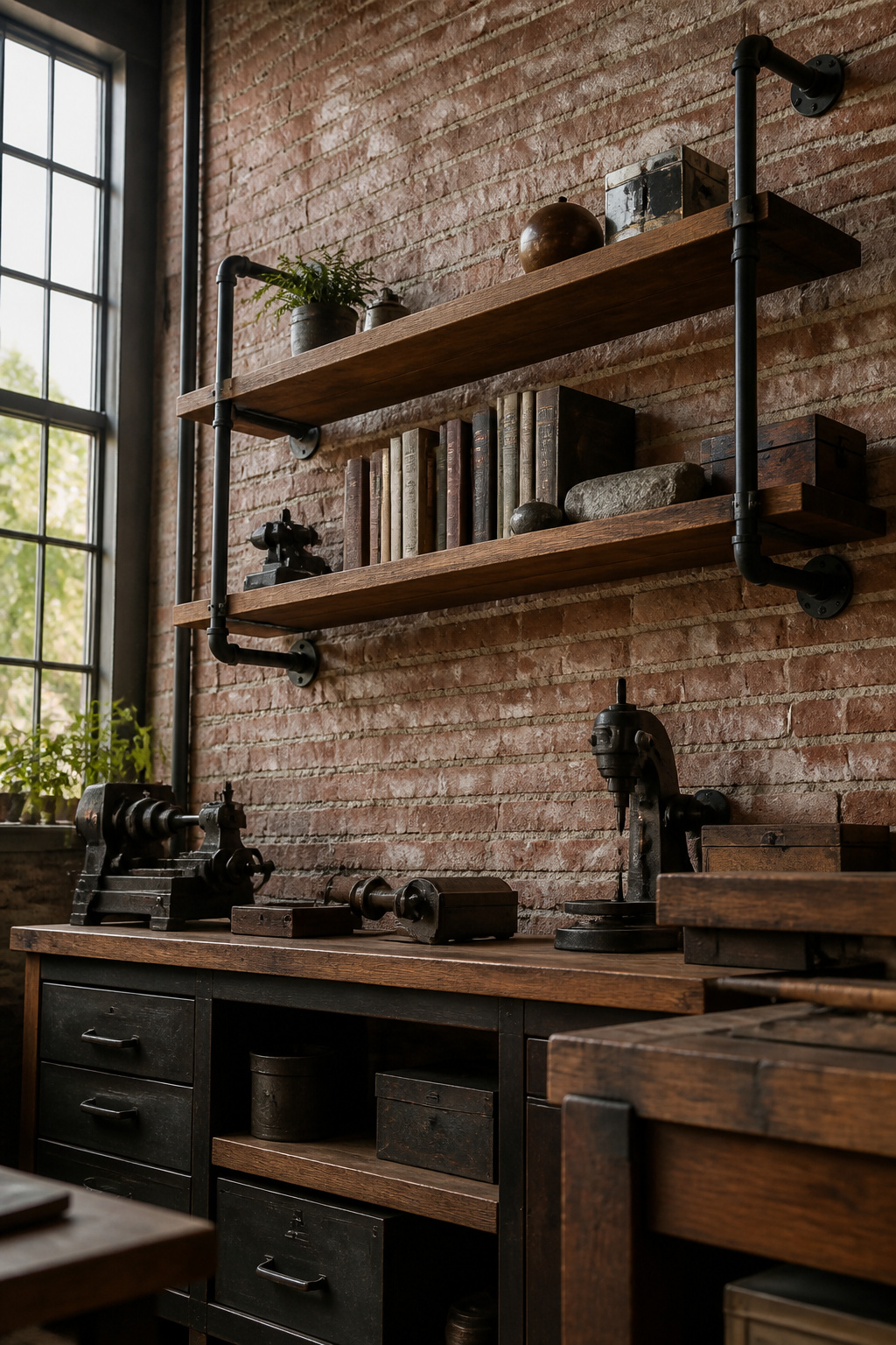 Shelves supported by black iron pipes and wooden planks.
