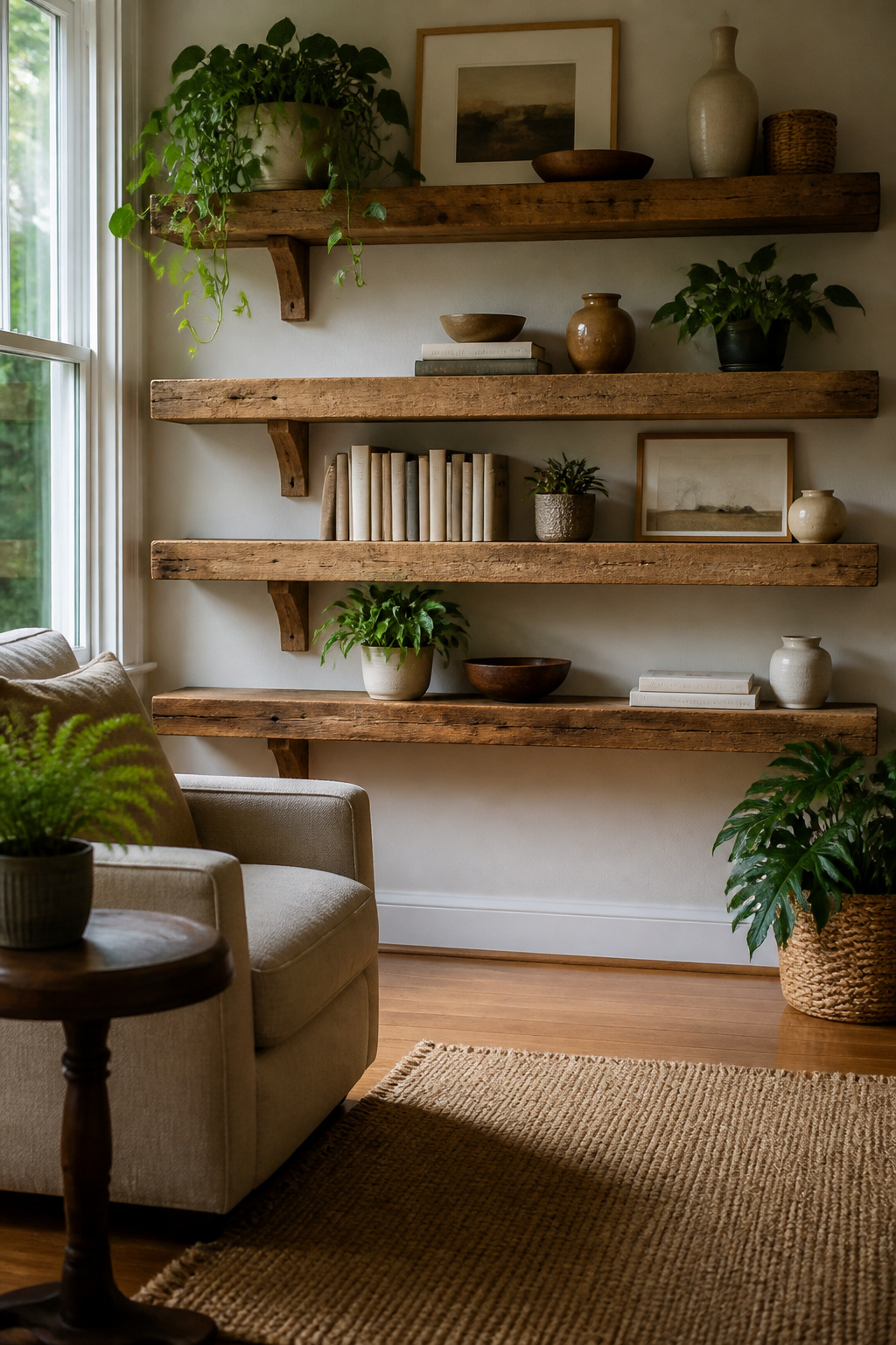 Shelves made from reclaimed wood displaying curated decor items.
