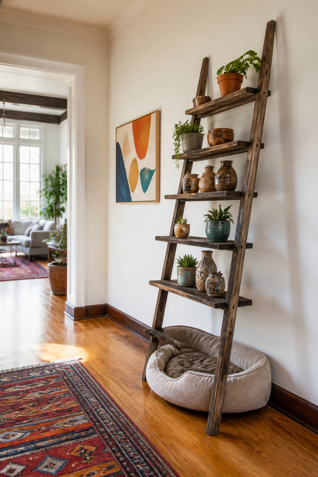 An old ladder repurposed as a shelf with planks across the rungs.