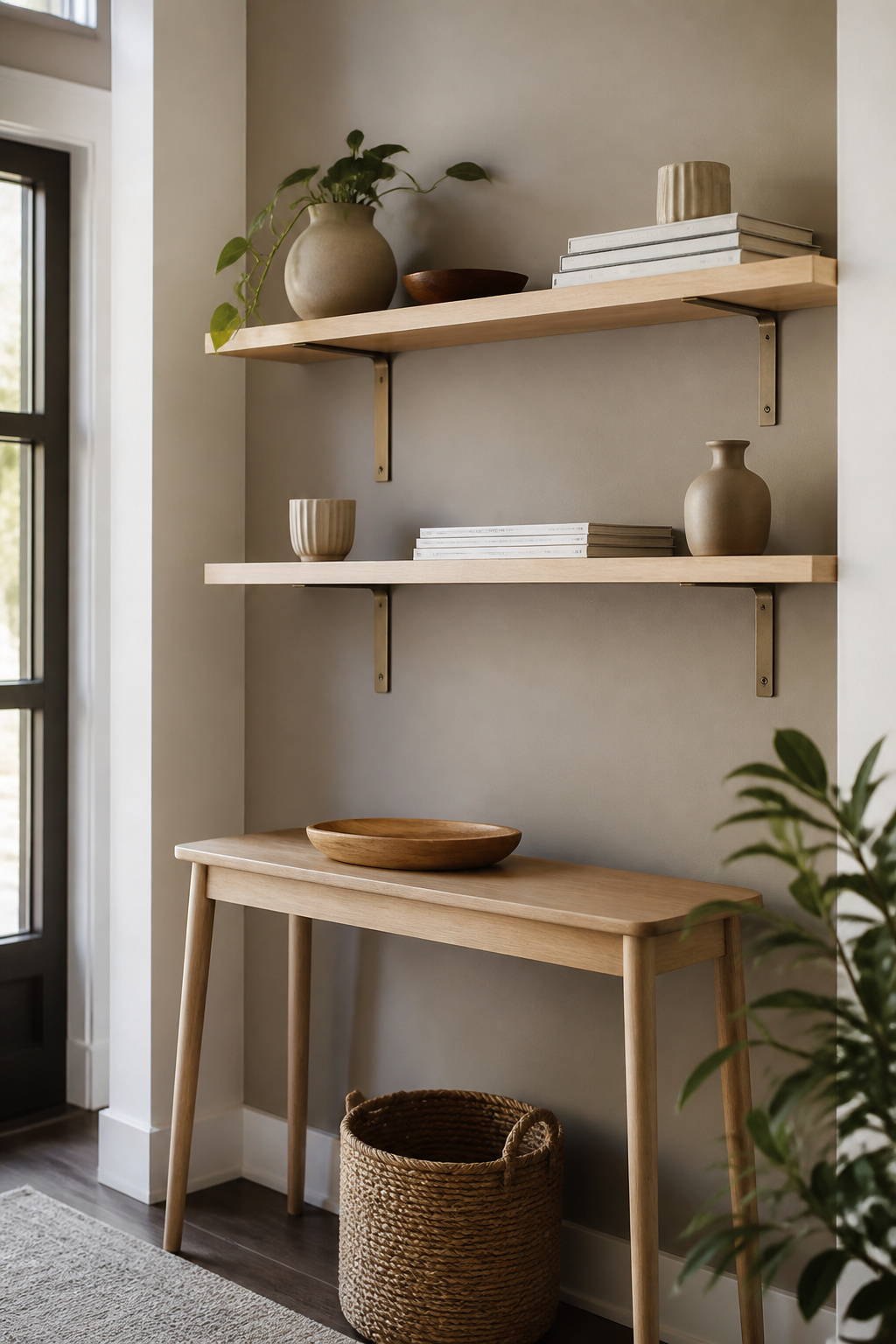 Wall-mounted shelves made from light wood secured with metal brackets.