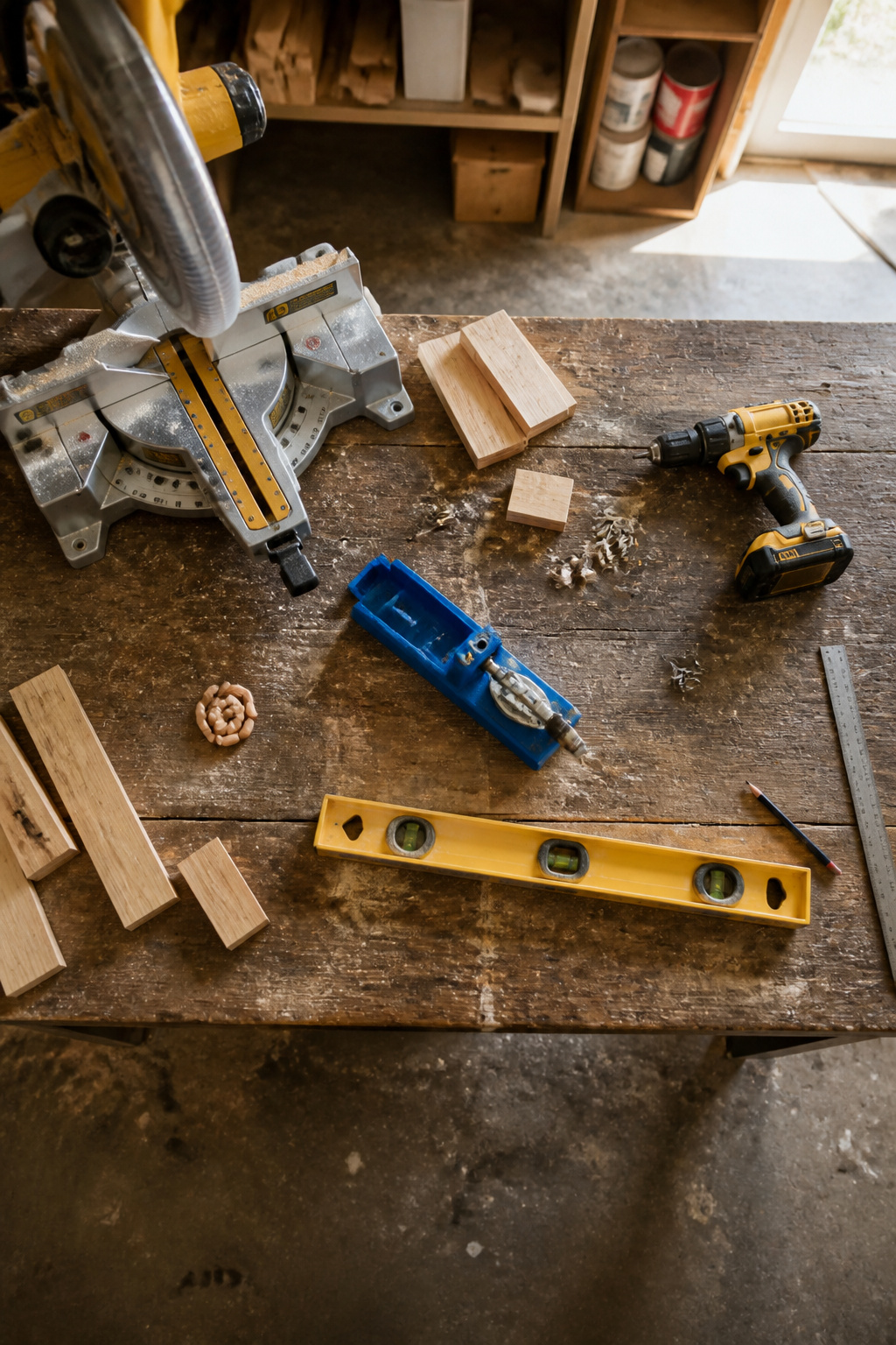 A miter saw, drill, and level used in building shelves.